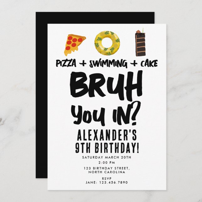 Bruh, You In? Boy Teenager Birthday Pizza Pool Invitation (Front/Back)