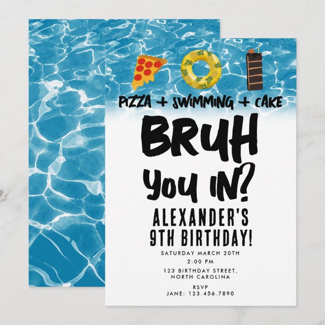 Bruh, You In? Boy Teenager Birthday Pizza Pool Invitation (Front/Back)