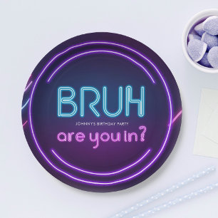 Bruh, You In? Neon Arcade Video Games Boy Birthday Paper Plate