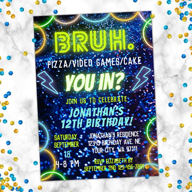 Bruh You In? Neon Glow Blue Green Boy Birthday Invitation (Creator Uploaded)