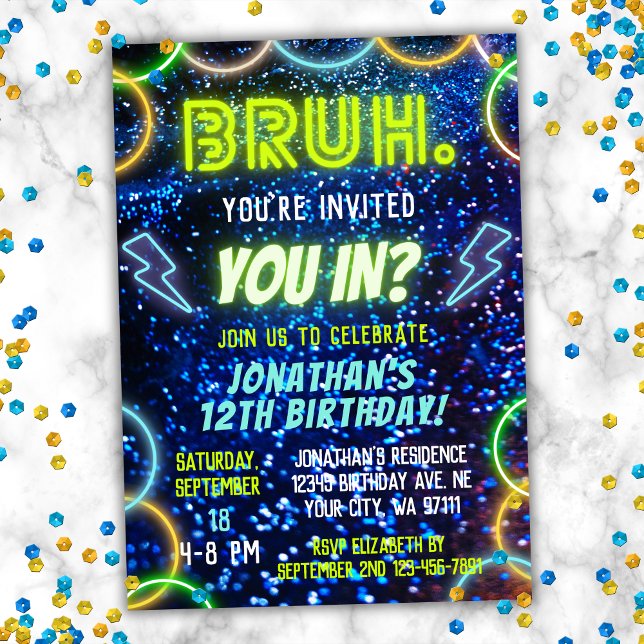 Bruh You In? Neon Glow Blue Green Boy Birthday Invitation (Creator Uploaded)