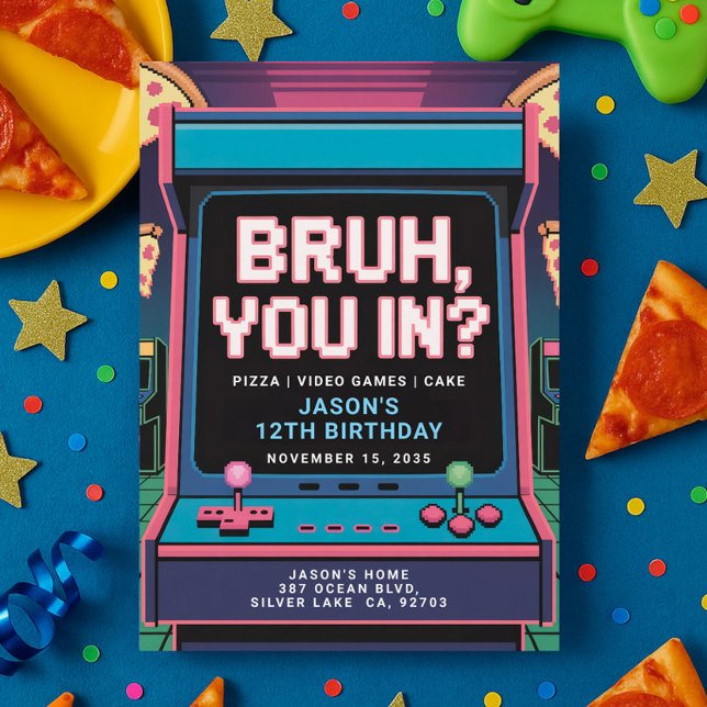Bruh You In? Neon Video Game Arcade Birthday Party Invitation (Creator Uploaded)