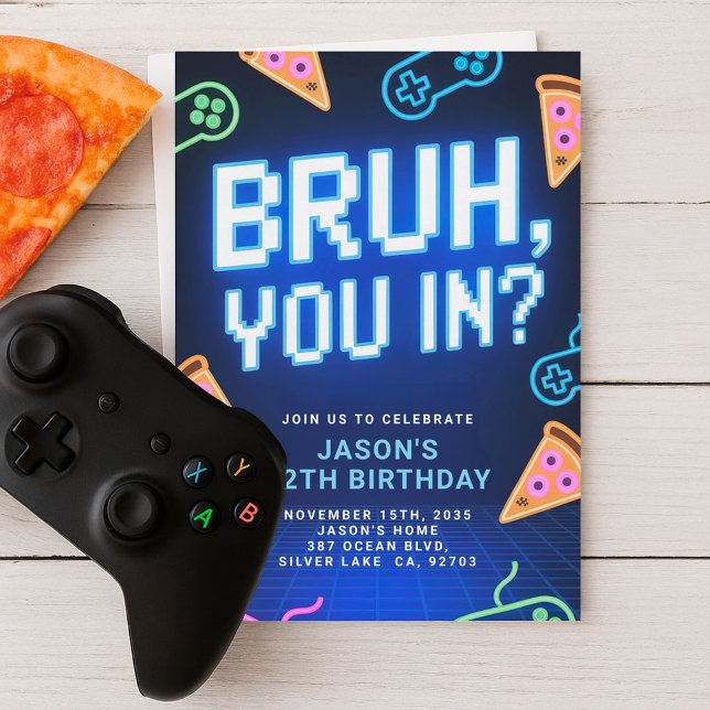Bruh You In? Neon Video Game Birthday Party Invitation (Creator Uploaded)