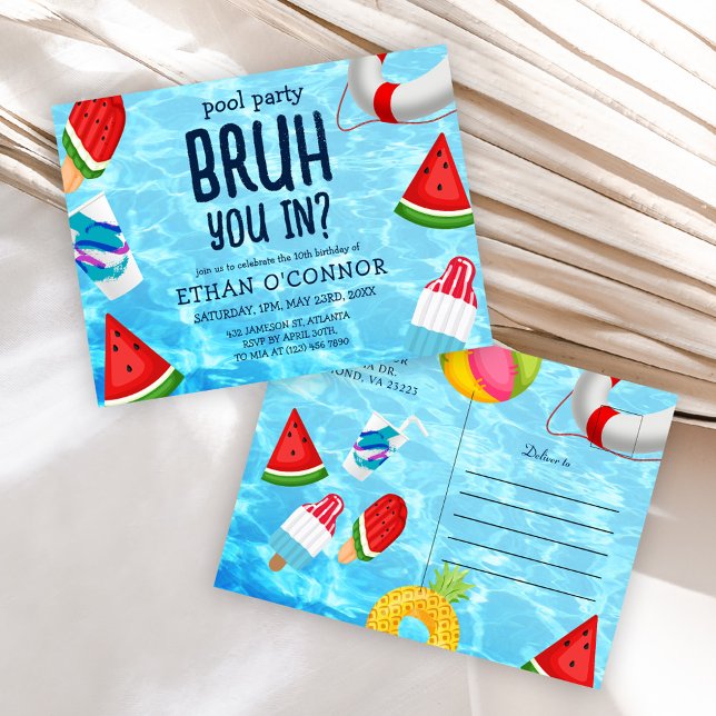Bruh You In Pool Party Kids Birthday Invitation Postcard (Bruh You In Pool Party Kids Birthday Invitation Postcard)