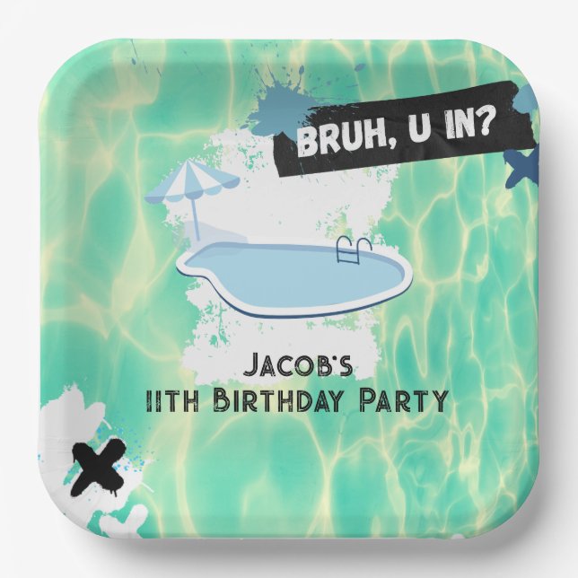 Bruh You In Pool Party Teen Boy Birthday Paper Plate (Front)