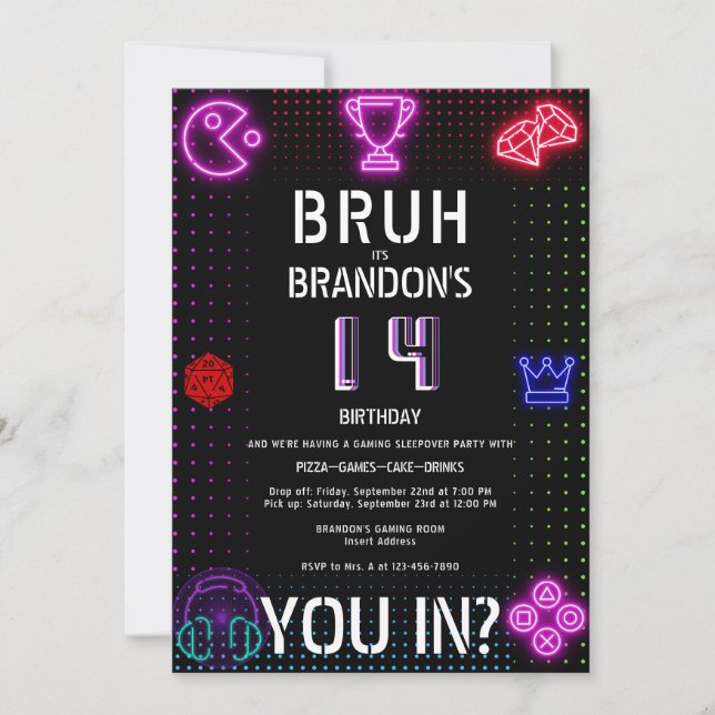BRUH YOU IN Teen Boy Birthday Video Game Sleepover Invitation (Front)