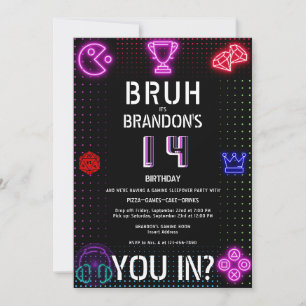 BRUH YOU IN Teen Boy Birthday Video Game Sleepover Invitation