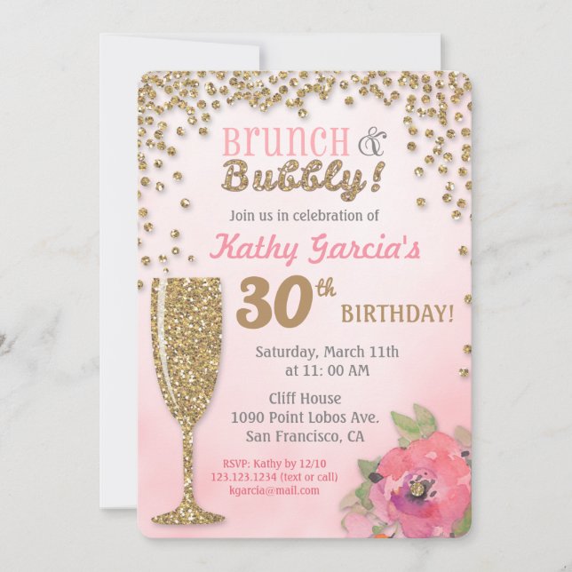Brunch and Bubbly Birthday Glitter Invitation (Front)