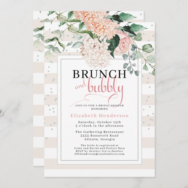 Brunch and Bubbly Blush Pink Floral Bridal Shower Invitation (Front/Back)