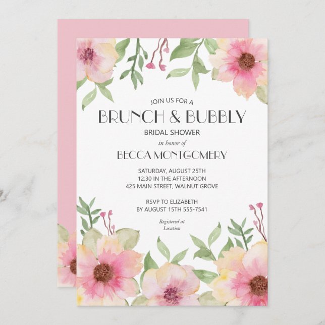 Brunch and Bubbly Blush Pink Floral Invites (Front/Back)