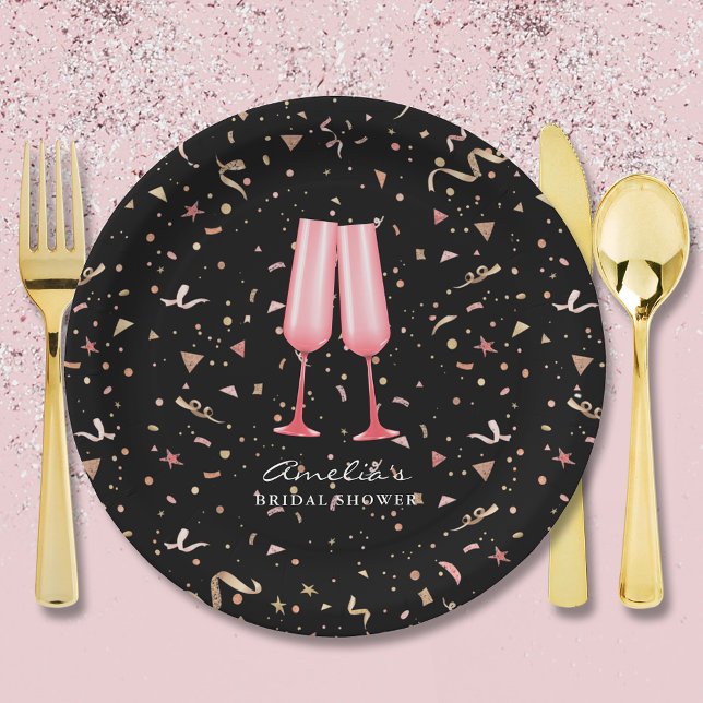 Brunch and Bubbly Bridal Shower Black Paper Plate (Brunch and bubbly pink champagne glasses bridal shower black paper plates)