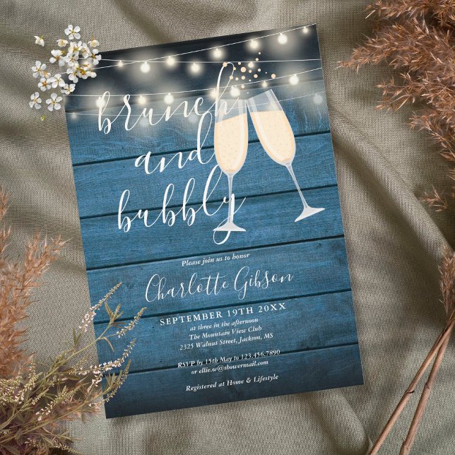 Brunch And Bubbly Bridal Shower Blue Rustic Wood Invitation (Creator Uploaded)