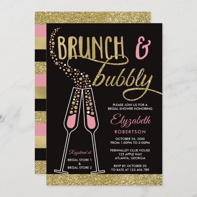 Brunch and Bubbly Bridal Shower Invite, Faux Gold Invitation (Front/Back)