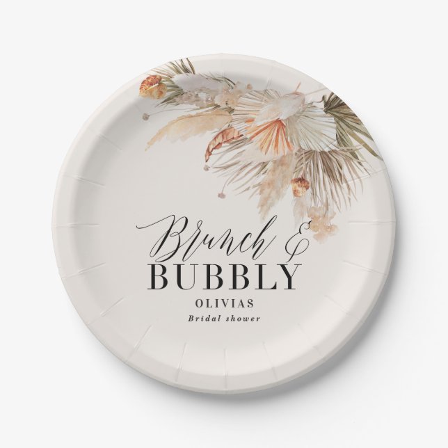 brunch and bubbly Bridal shower pampas grass  Paper Plate (Front)