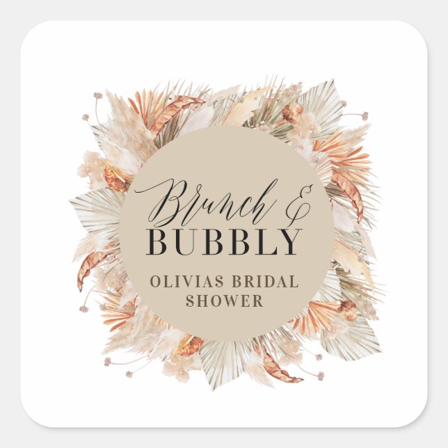 brunch and bubbly Bridal shower pampas grass  Square Sticker (Front)