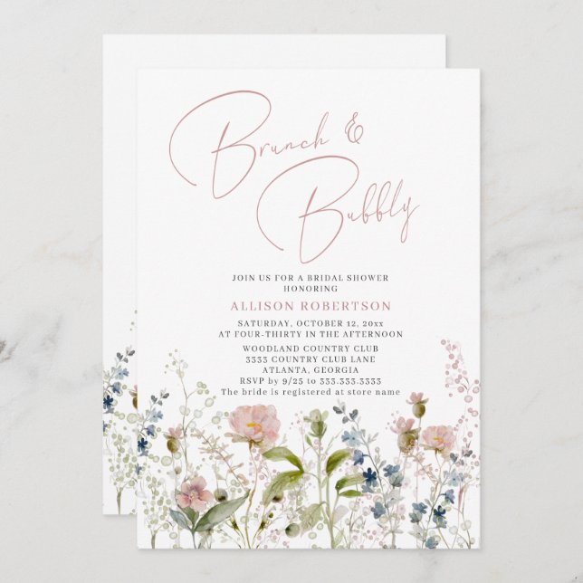 Brunch and Bubbly Bridal Shower Pink Wildflower  Invitation (Front/Back)