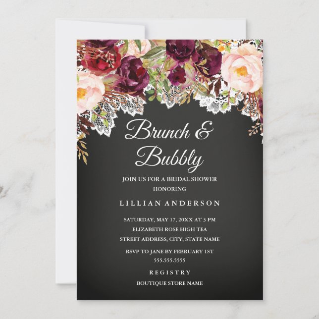 Brunch And Bubbly Chalkboard Floral Bridal Shower Invitation (Front)