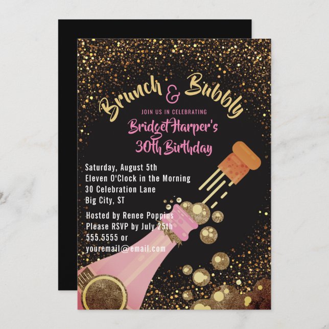 Brunch and Bubbly Champagne Birthday Invitation (Front/Back)