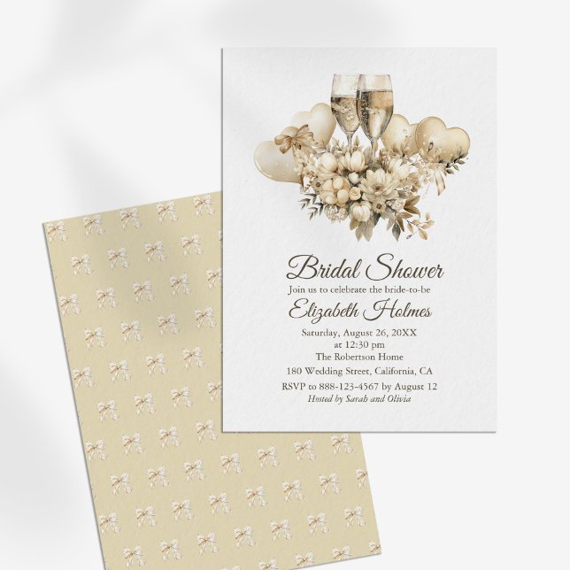 Brunch and Bubbly Champagne Flowers Bridal Shower Invitation (Brunch and Bubbly Champagne Flowers Bridal Shower Invitation on a sunny white table.)
