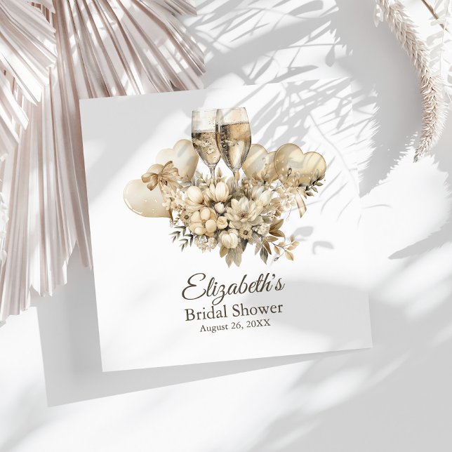 Brunch and Bubbly Champagne Flowers Bridal Shower Napkin (Brunch and Bubbly Champagne Flowers Bridal Shower Napkins on a sunny white table.)