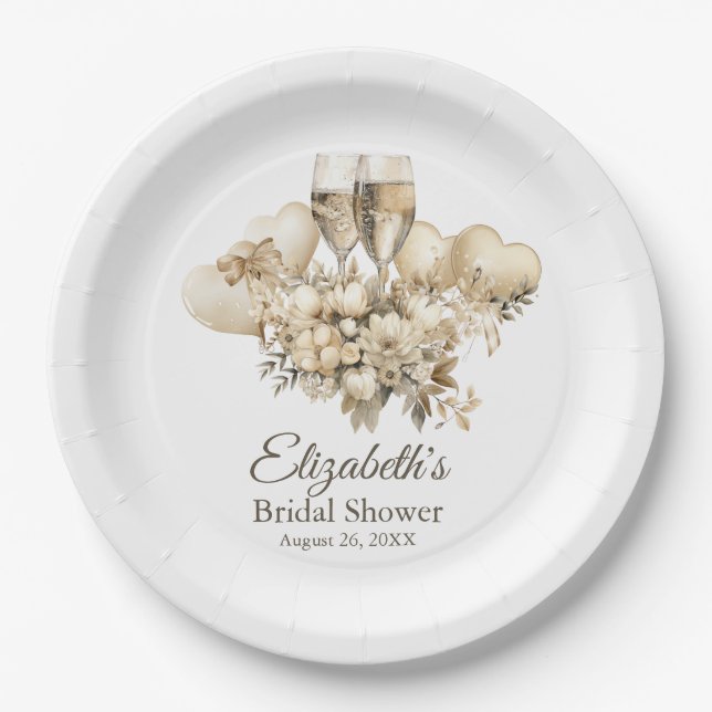 Brunch and Bubbly Champagne Flowers Bridal Shower Paper Plate (Front)