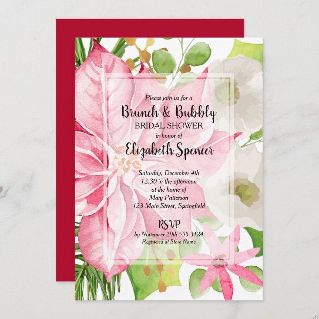 Brunch and Bubbly Christmas Floral Bridal Shower Invitation (Front/Back)
