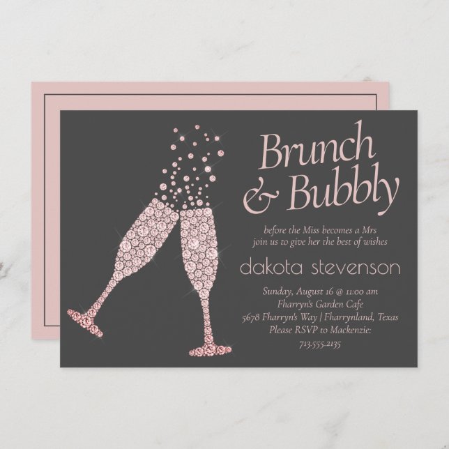 Brunch and Bubbly | Dark Grey Mauve Pink Shower Invitation (Front/Back)