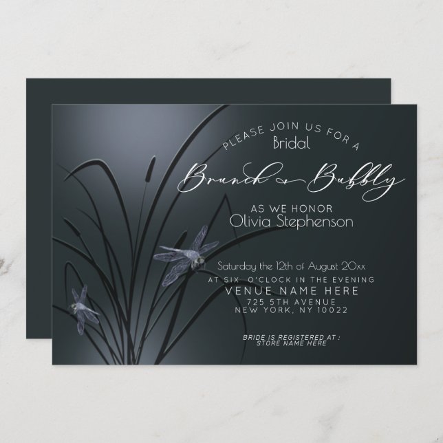  Brunch and Bubbly Dusty Blue Dragonfly Invitation (Front/Back)
