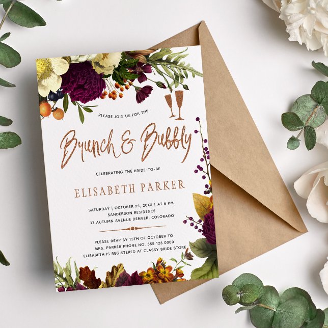Brunch and bubbly fall floral gold bridal shower invitation (Creator Uploaded)
