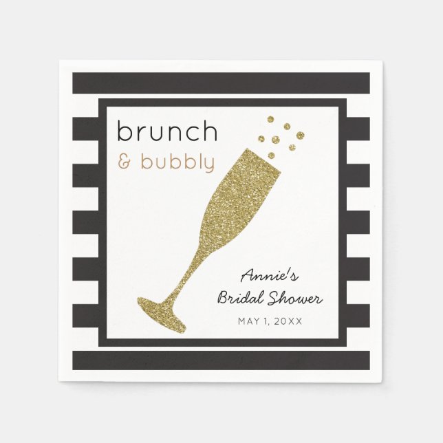 Brunch and Bubbly Faux Gold Glitter & Black Drink Napkin (Front)