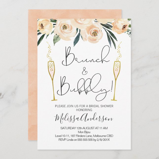 Brunch And Bubbly Floral Bridal Shower Invitation (Front/Back)