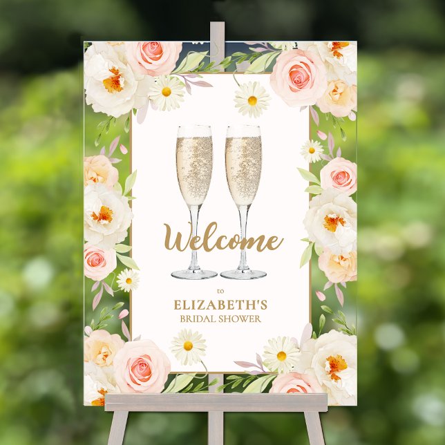 Brunch and Bubbly Floral Bridal Shower Welcome Acrylic Sign (Brunch and bubbly watercolor floral bridal shower welcome acrylic sign)