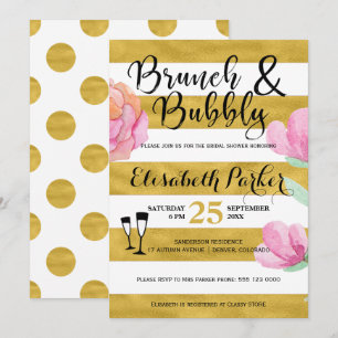 Brunch and bubbly floral stripe gold bridal shower invitation