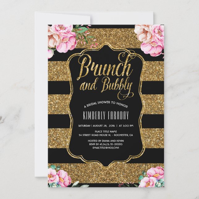 Brunch and Bubbly Gold Floral Bridal Shower Invitation (Front)