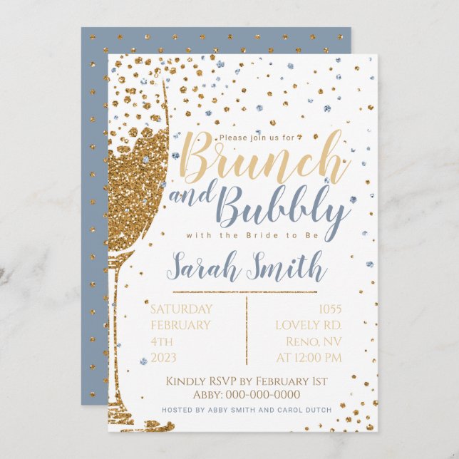 Brunch and Bubbly gold glitter_dusty blue Invitation (Front/Back)