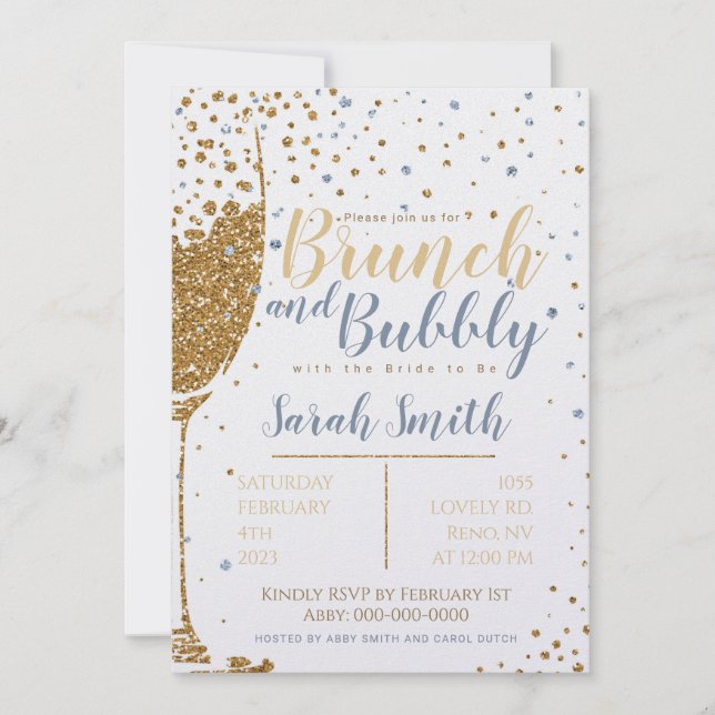 Brunch and Bubbly gold glitter_dusty blue_larger Invitation (Front)