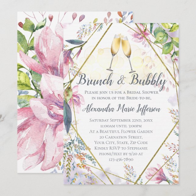 Brunch and Bubbly Green Pink Lily Bridal Shower Invitation (Front/Back)