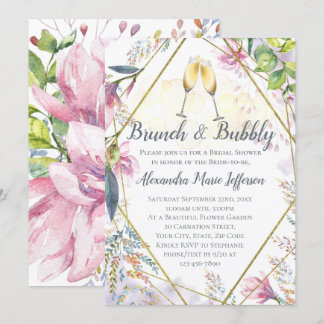 Brunch and Bubbly Green Pink Lily Bridal Shower Invitation