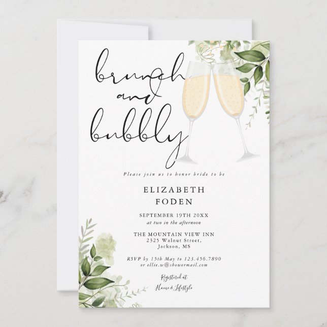 Brunch And Bubbly Greenery Bridal Shower Invitation (Front)