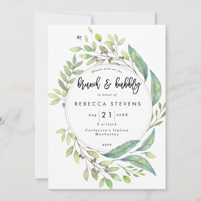 brunch and bubbly greenery bridal shower invitation (Front)