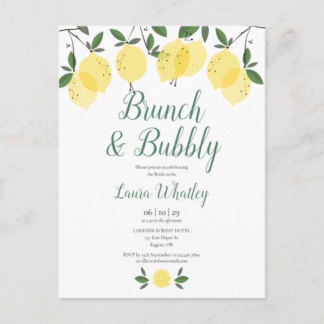 Brunch and Bubbly Lemon Bridal Shower Announcement Postcard (Front)