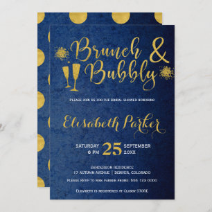 Brunch and bubbly navy glam gold bridal shower invitation