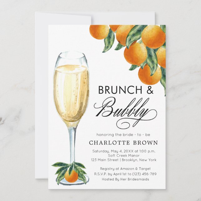 Brunch and Bubbly Orange Bridal Shower Invitation (Front)