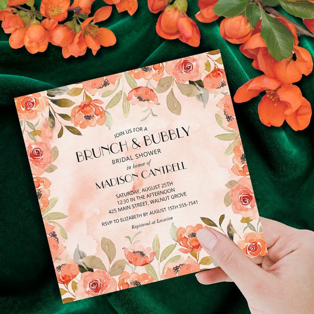 Brunch and Bubbly Orange Floral Bridal Shower Invitation (Brunch and Bubbly orange floral square bridal shower invitations)