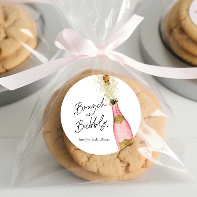Brunch and Bubbly Pink and Gold Bridal Shower  Classic Round Sticker (Pink Brunch and Bubbly Favor Round sticker)