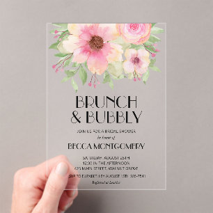 Brunch and Bubbly Pink Floral Bridal Shower Acrylic Invitations
