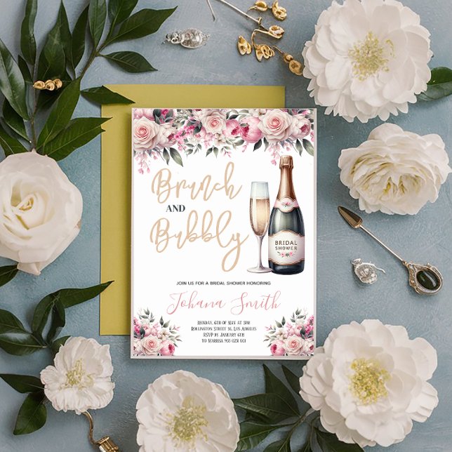 Brunch and Bubbly Pink Floral Bridal Shower  Invitation (Creator Uploaded)
