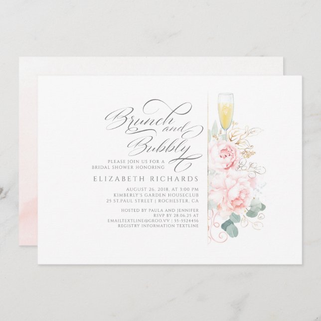 Brunch and Bubbly Pink Floral Bridal Shower Invitation (Front/Back)