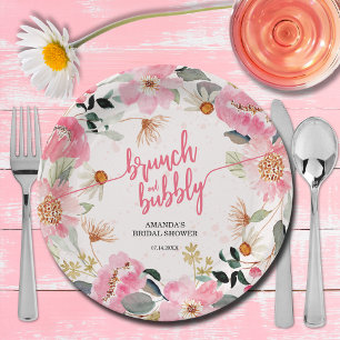 Brunch and Bubbly Pink Floral Bridal Shower Paper Plate