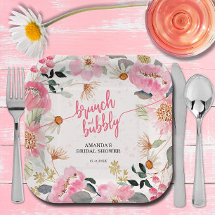 Brunch and Bubbly Pink Floral Bridal Shower Paper Plate